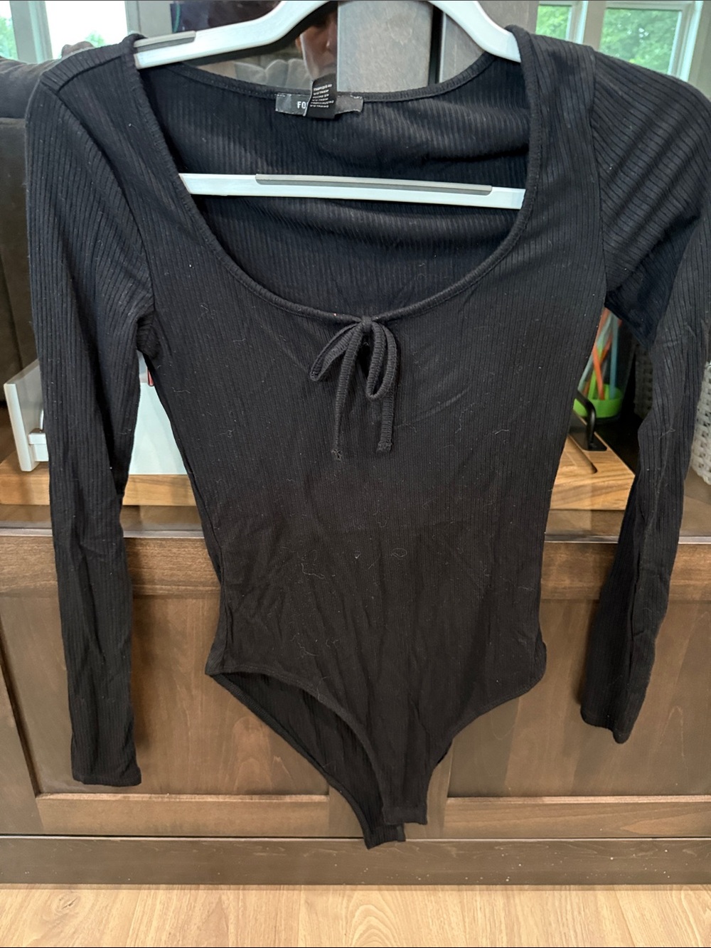 Forever 21 Black Ribbed Long-Sleeve Tie-Front Top